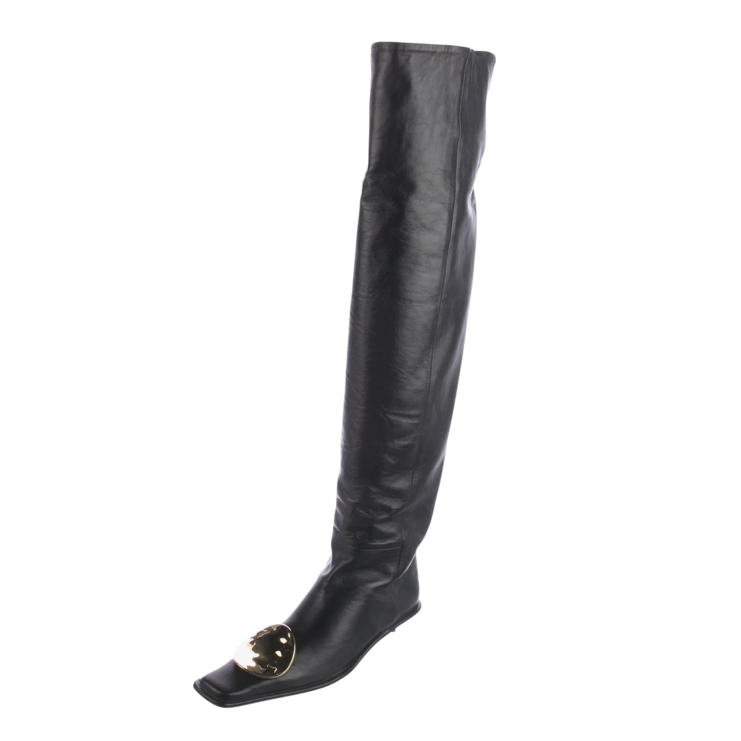Jil Sander Savanna Black Leather Over-the-Knee Boots | Gold Sculptural Toe | IT 39