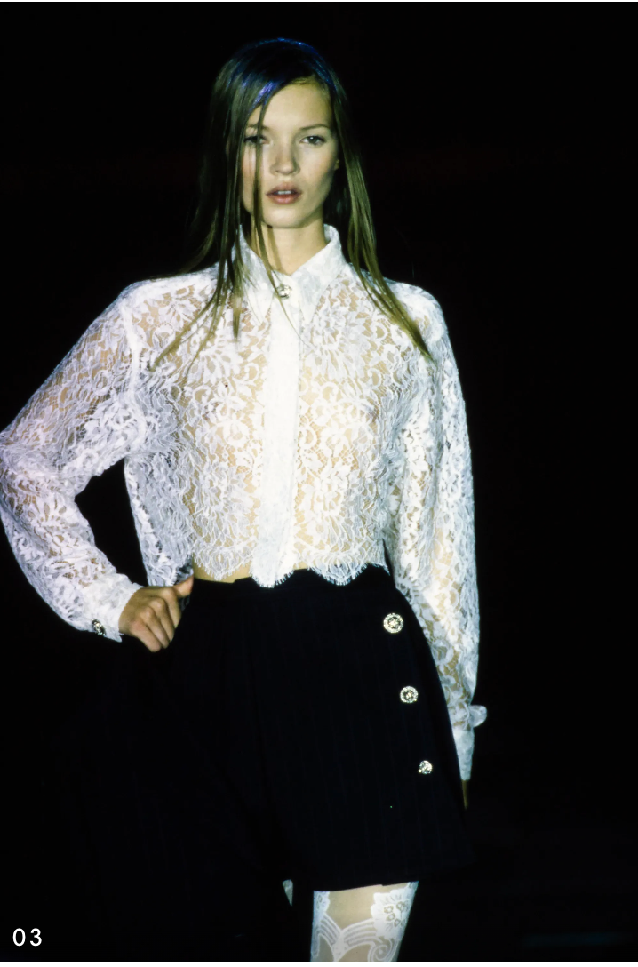 Gianni Versace Couture SS1994 Kate Moss Runway Silk Chantilly Lace Crop Top | IT 46