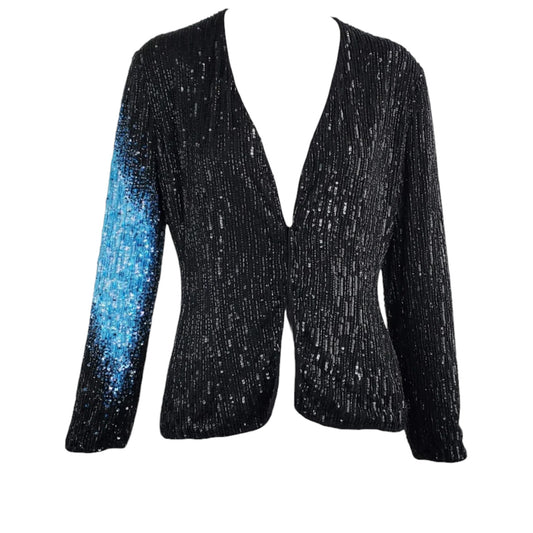 Vintage Giorgio Armani 1990s Black & Blue Beaded Stretch Mesh Evening Jacket | Made in Italy | Size 42
