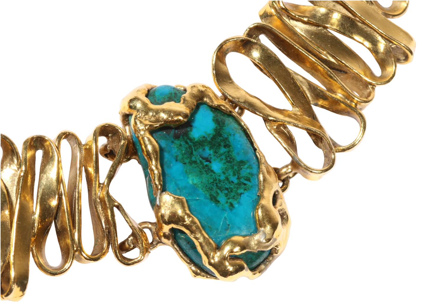 Vintage Yves Saint Laurent Rive Gauche Malachite-Azurite Brutalist Gold-Tone Collar Necklace, Late 1970s-Early 1980s