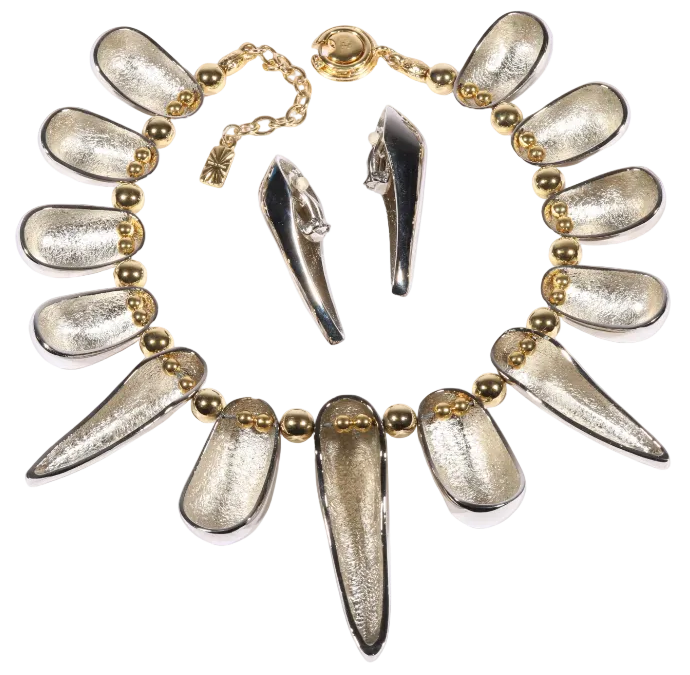 Vintage Yves Saint Laurent YSL Chrome Spike Statement Necklace & Earrings Set, Late 1980s-Early 1990s Runway/Editorial Style