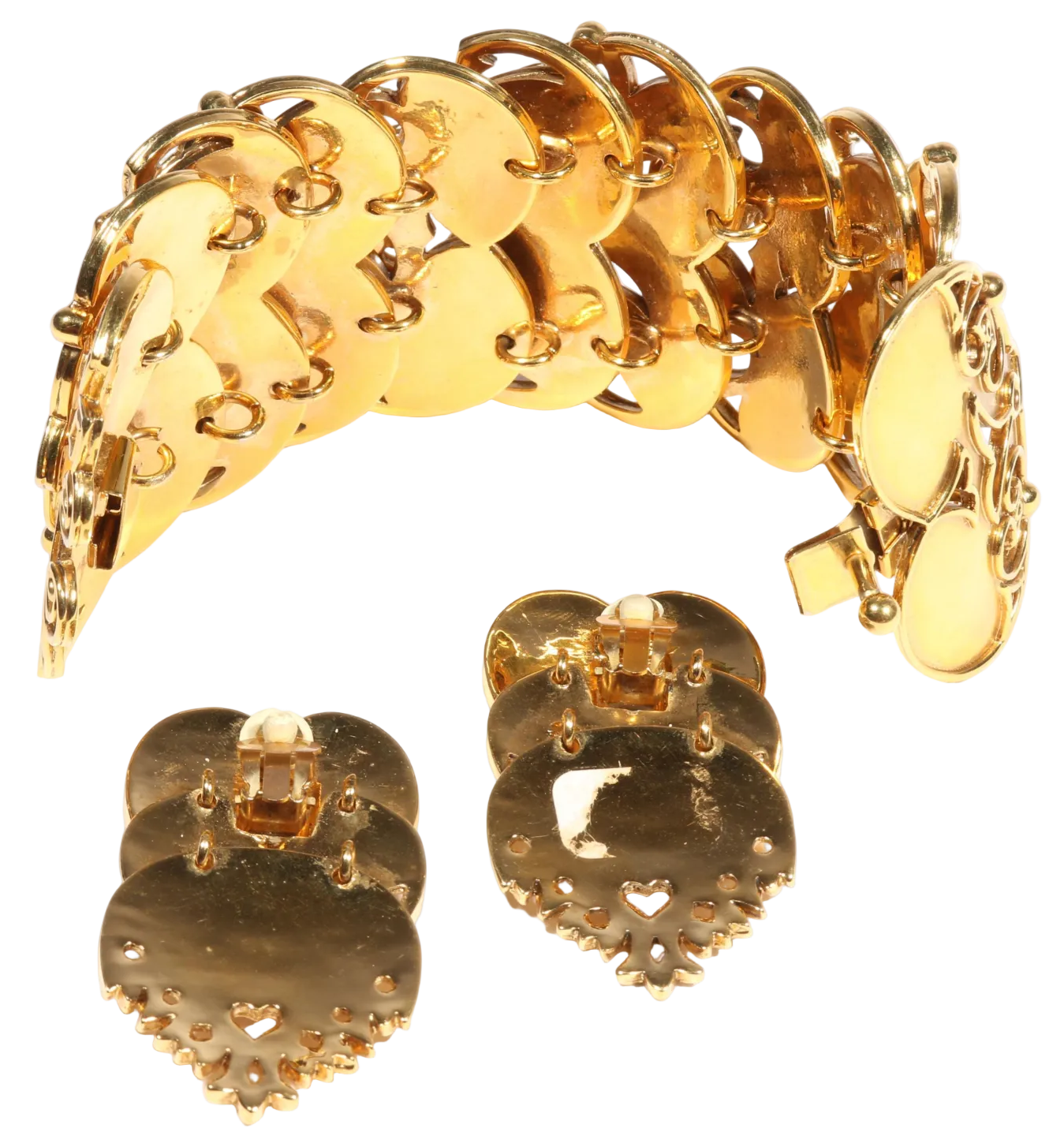 Vintage Isabel Canovas Gilt Metal Panel Bracelet & Matching Statement Earrings Set, Runway Style 1980s French Designer Jewelry