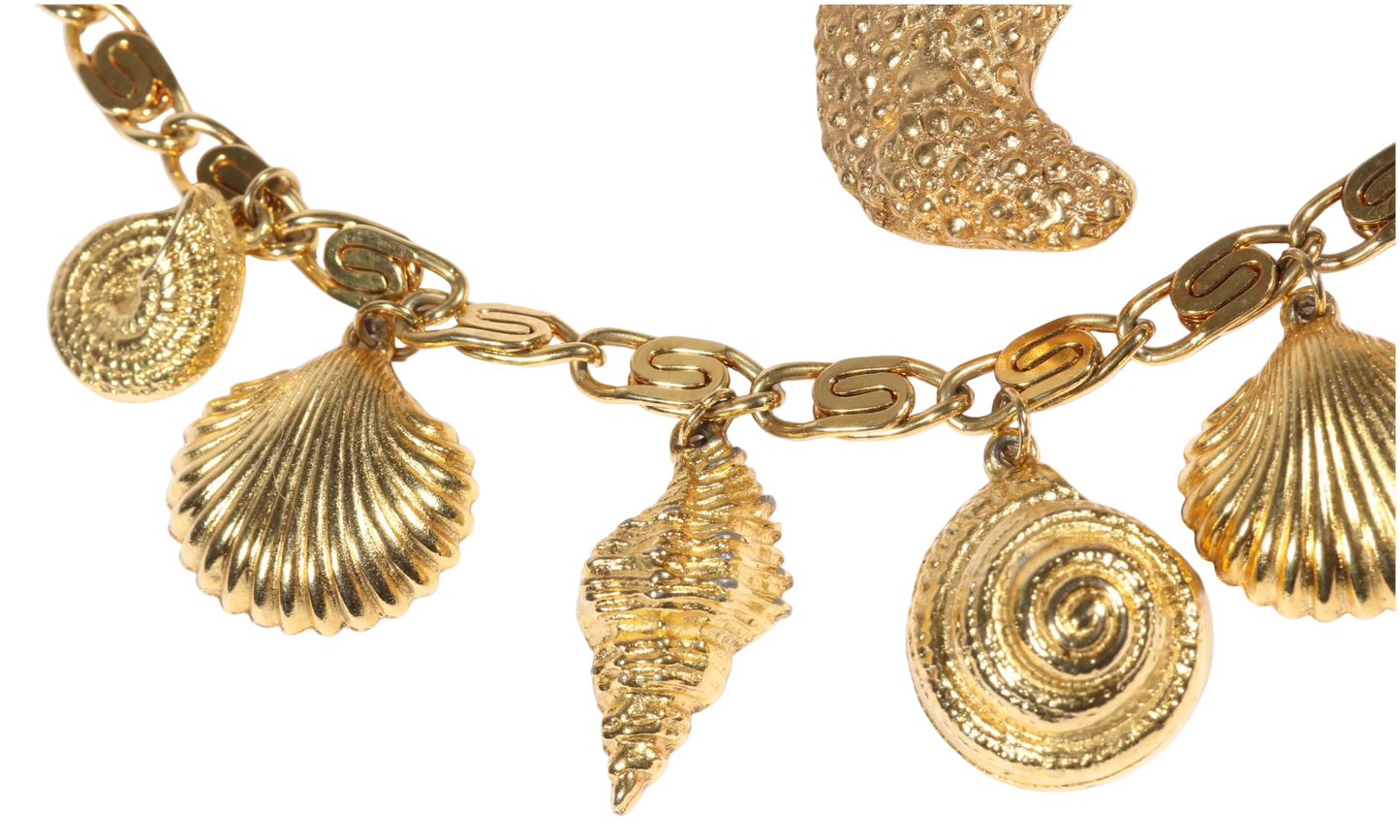 Vintage Yves Saint Laurent YSL Gold Tone Seashell Charm Necklace Starfish Brooch Shell Drop Earrings 3pc Set