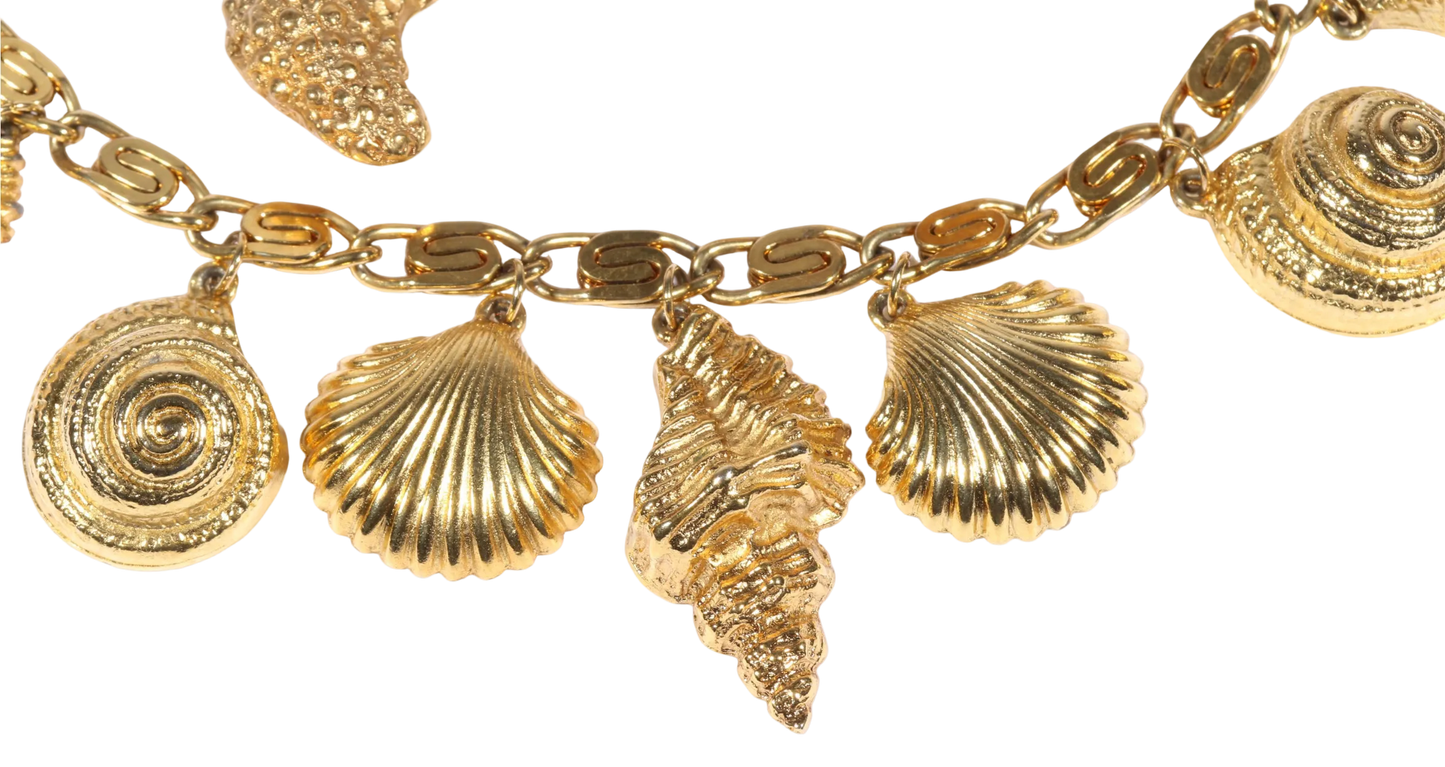 Vintage Yves Saint Laurent YSL Gold Tone Seashell Charm Necklace Starfish Brooch Shell Drop Earrings 3pc Set