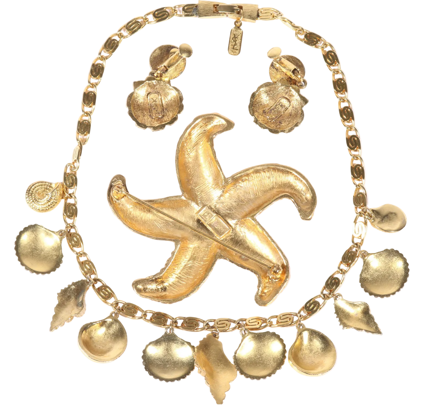 Vintage Yves Saint Laurent YSL Gold Tone Seashell Charm Necklace Starfish Brooch Shell Drop Earrings 3pc Set