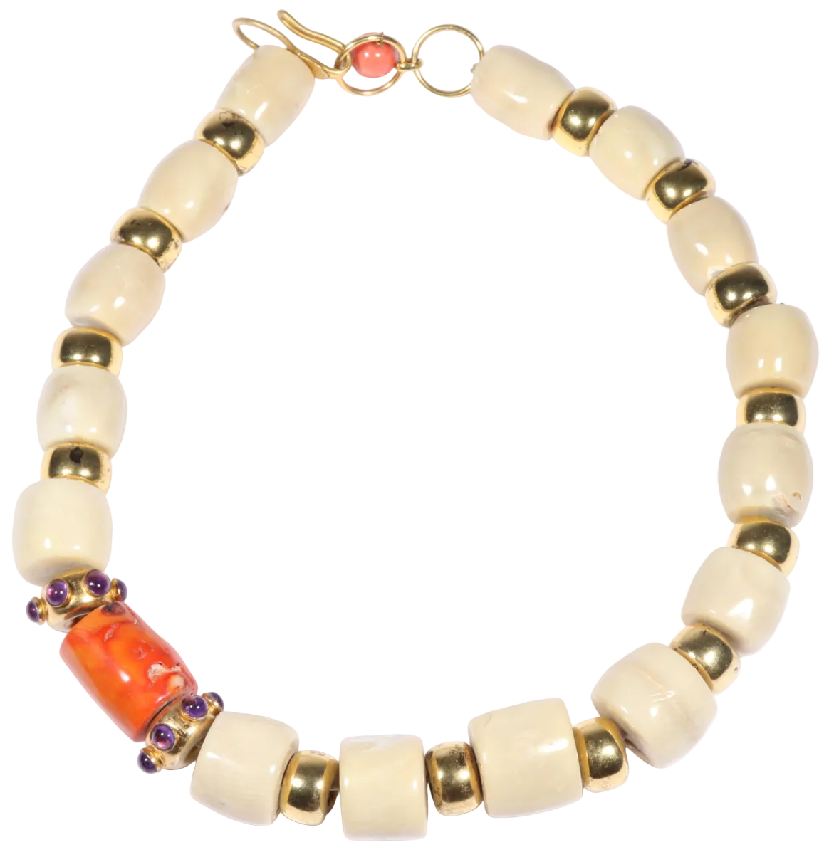 Hassan Bounkit Angel Skin & Orange Coral Beaded Necklace with Amethyst Cabochon Accents