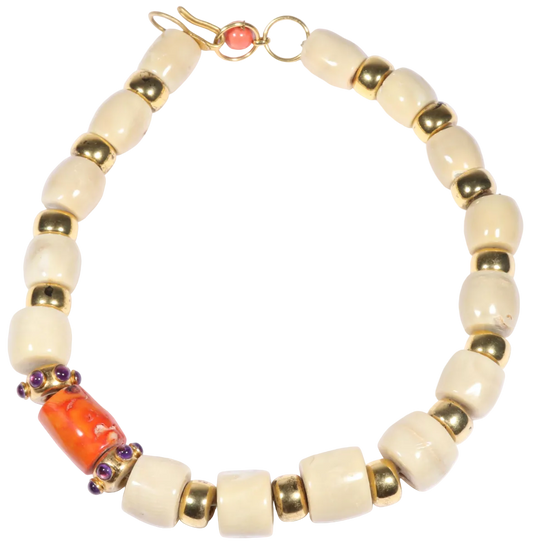 Hassan Bounkit Angel Skin & Orange Coral Beaded Necklace with Amethyst Cabochon Accents