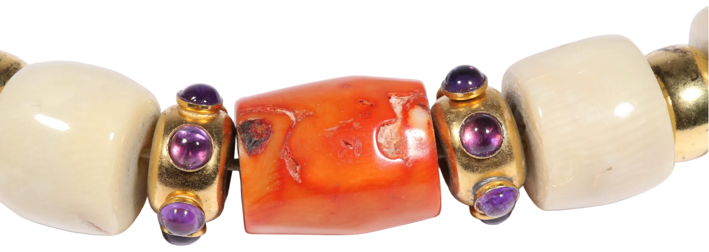Hassan Bounkit Angel Skin & Orange Coral Beaded Necklace with Amethyst Cabochon Accents