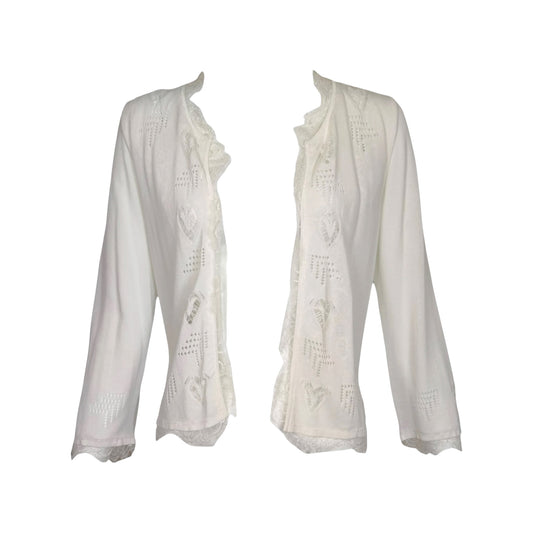 Chanel Spring 2006 White Open Knit Cardigan with Cutout Heart Motifs & Crystal CC Embellishment Size 40