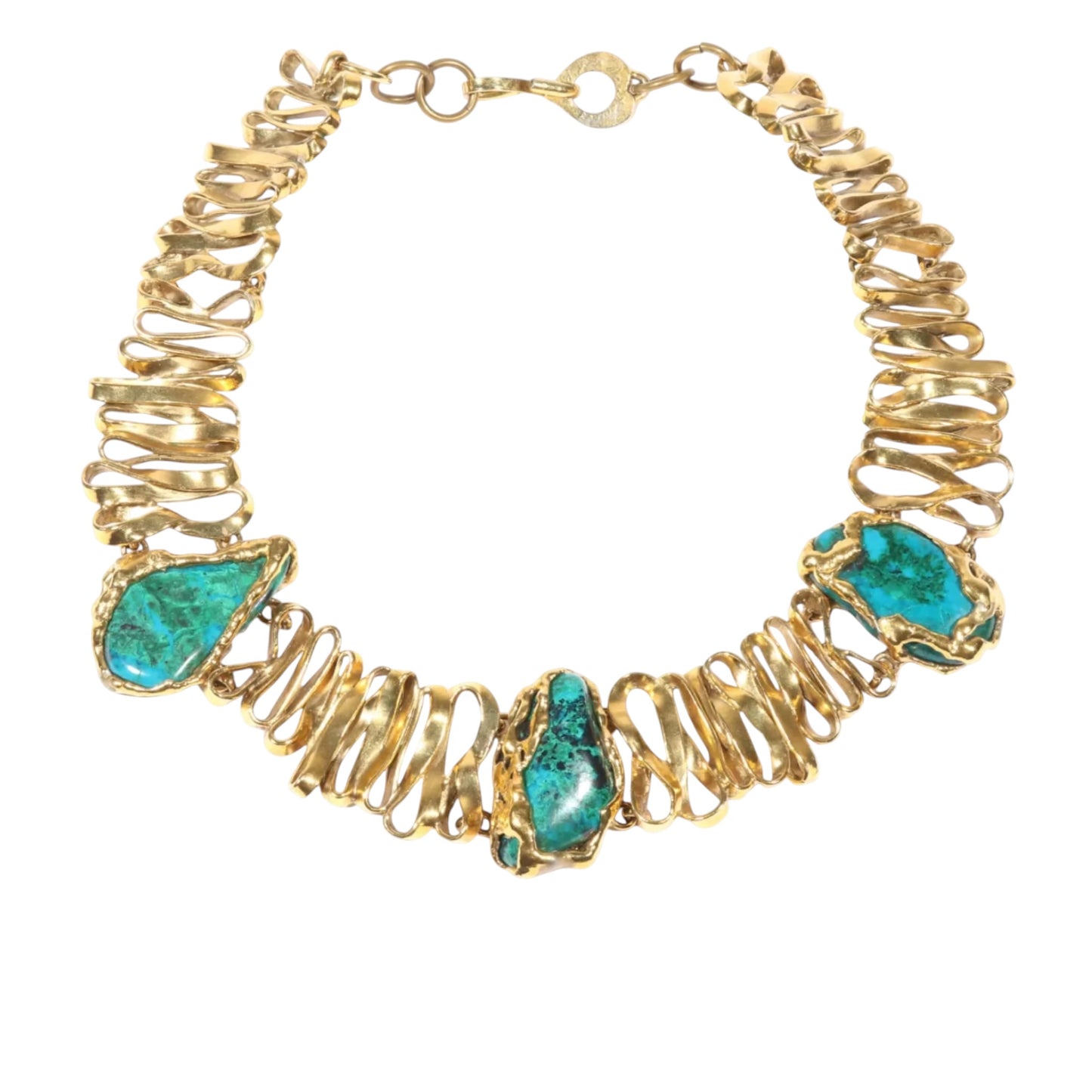 Vintage Yves Saint Laurent Rive Gauche Malachite-Azurite Brutalist Gold-Tone Collar Necklace, Late 1970s-Early 1980s