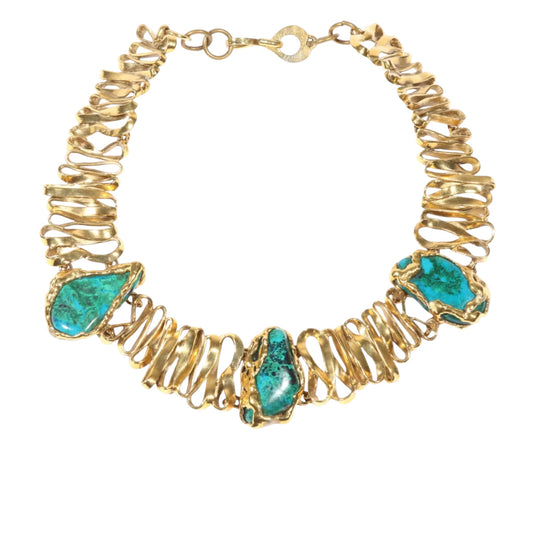 Vintage Yves Saint Laurent Rive Gauche Malachite-Azurite Brutalist Gold-Tone Collar Necklace, Late 1970s-Early 1980s