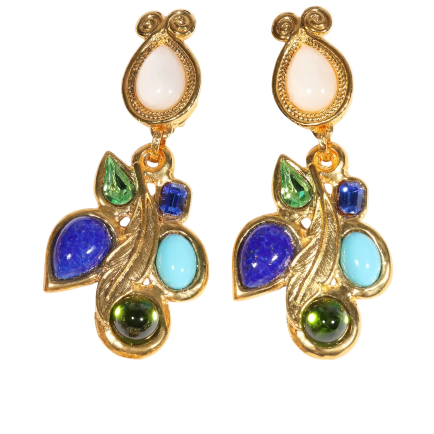 Vintage Hanna Bernhard Paris Gold Tone Art Glass & Crystal Statement Drop Clip-On Earrings, Circa Late 1980s-Early 1990s