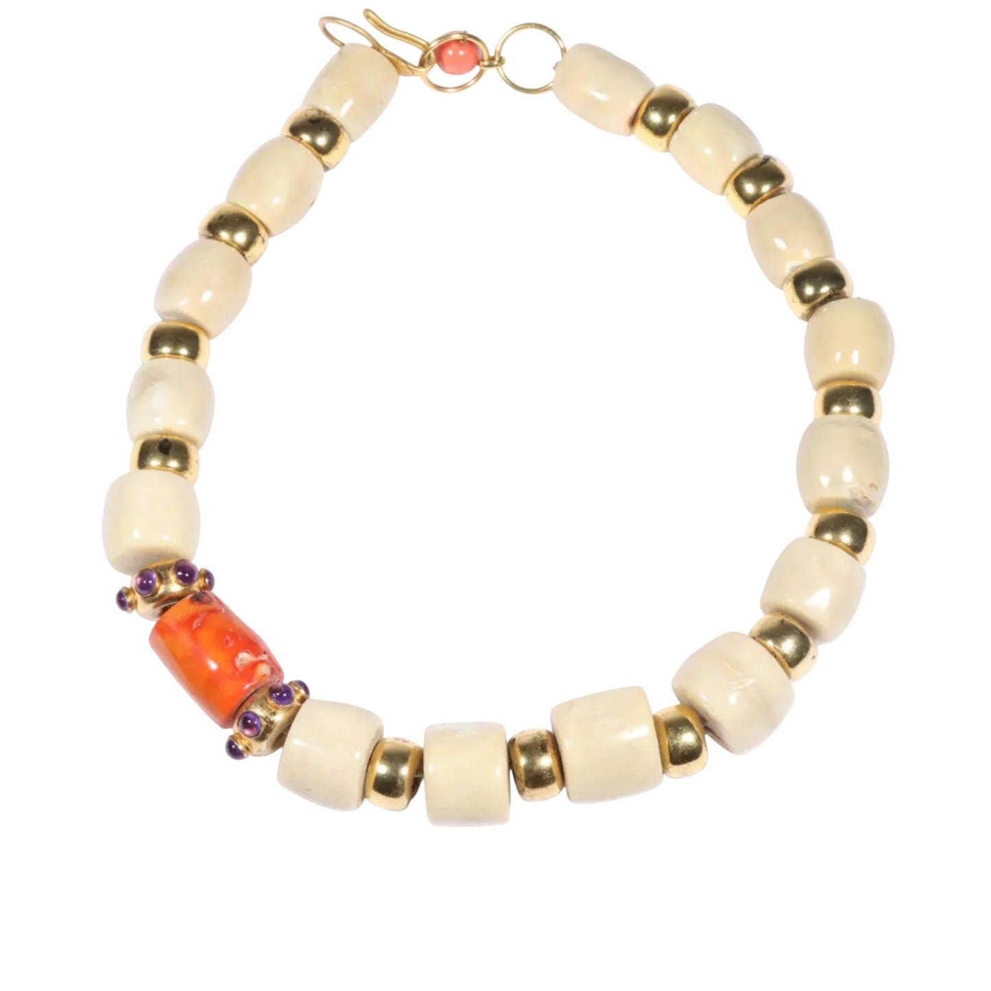 Hassan Bounkit Angel Skin & Orange Coral Beaded Necklace with Amethyst Cabochon Accents