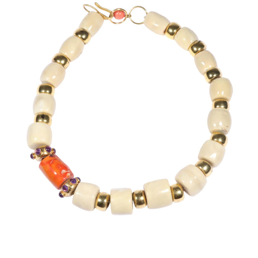 Hassan Bounkit Angel Skin & Orange Coral Beaded Necklace with Amethyst Cabochon Accents