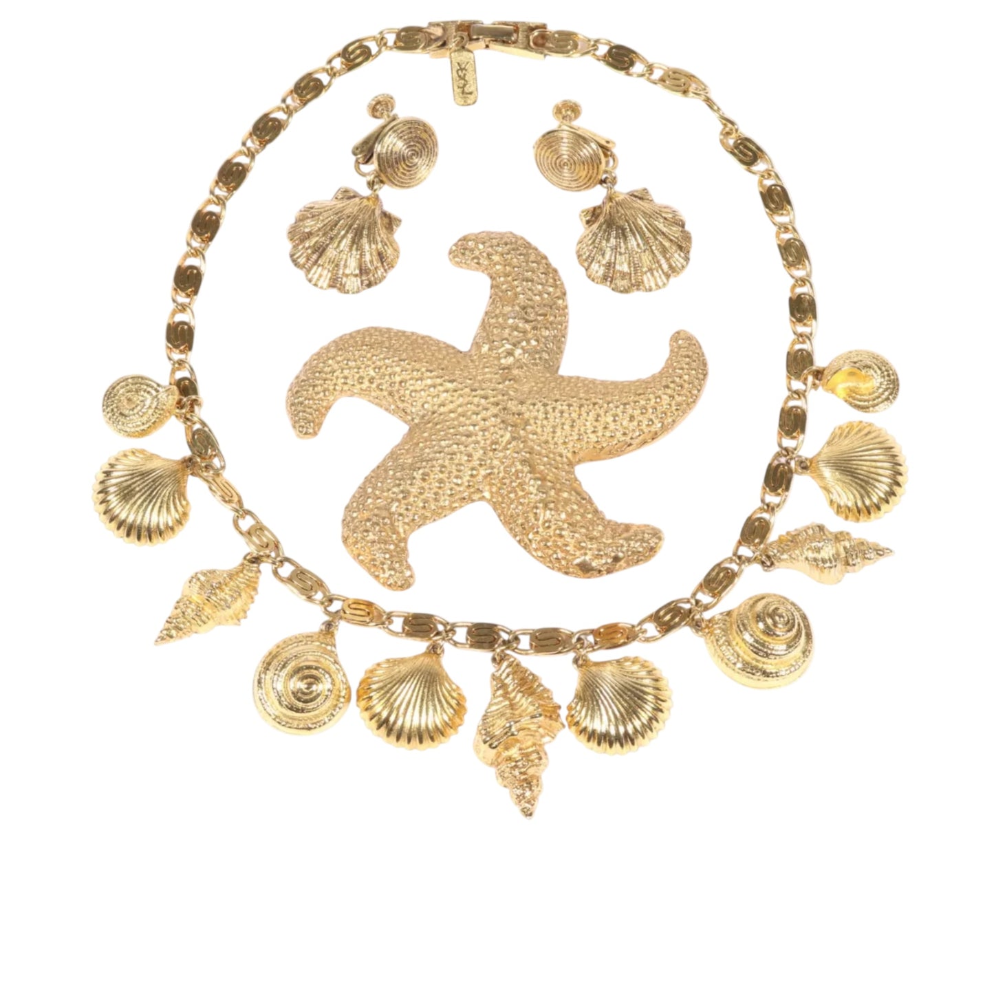 Vintage Yves Saint Laurent YSL Gold Tone Seashell Charm Necklace Starfish Brooch Shell Drop Earrings 3pc Set