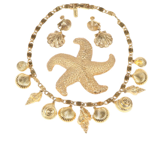 Vintage Yves Saint Laurent YSL Gold Tone Seashell Charm Necklace Starfish Brooch Shell Drop Earrings 3pc Set