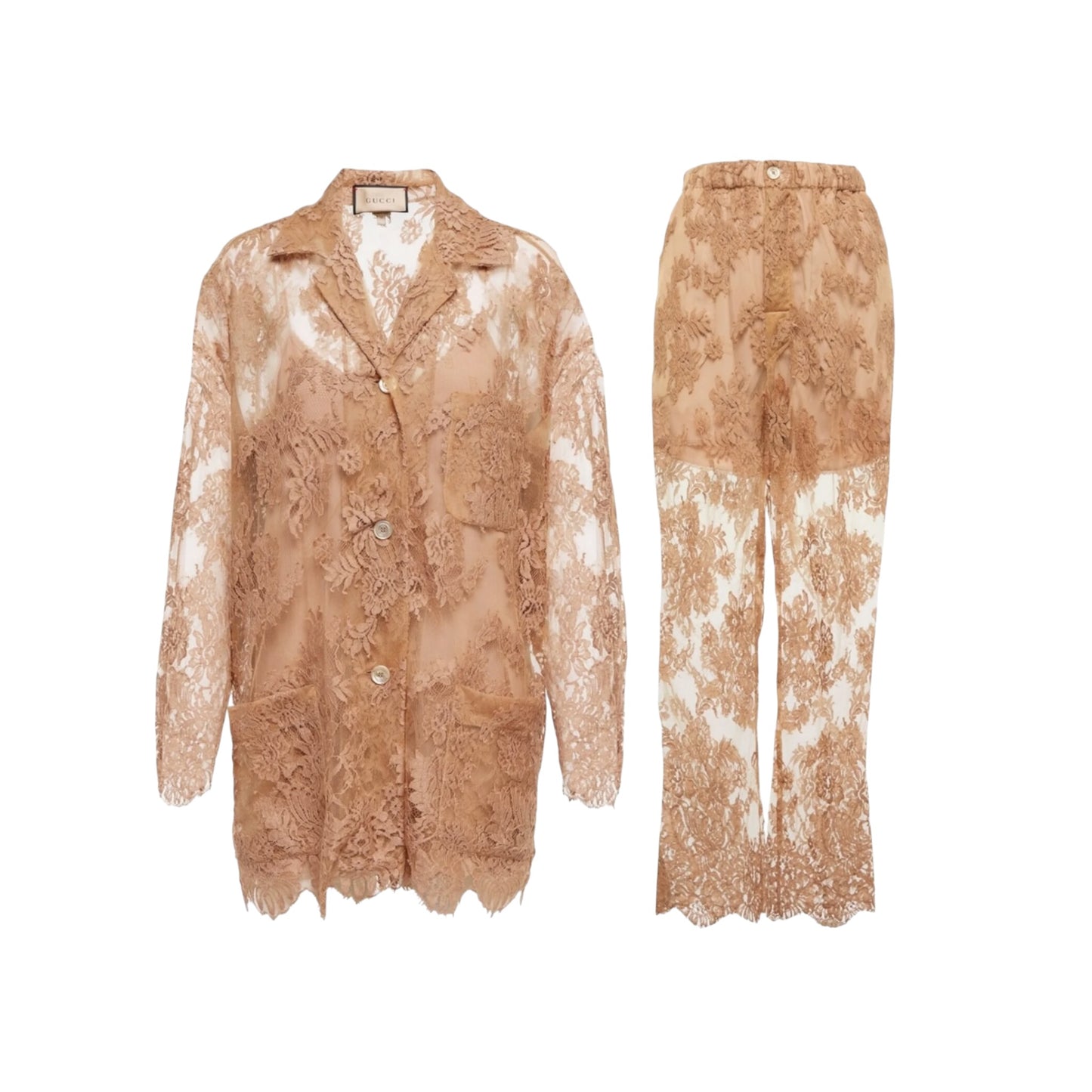 Gucci S/S 2023 Gingembre Floral Lace Pajama Ensemble Set Nude IT 38