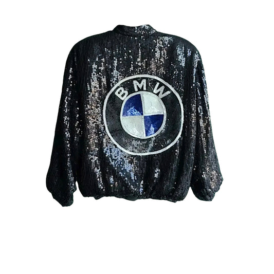 Vintage Jeanette for St. Martin BMW Logo Black Sequin Bomber Jacket Crystal Embellished Buttons Size Medium