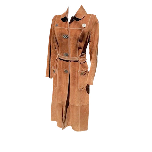 Vintage 1970s Brown Spanish Suede Patchwork Belted Contrast Trim Trench Coat Size 12