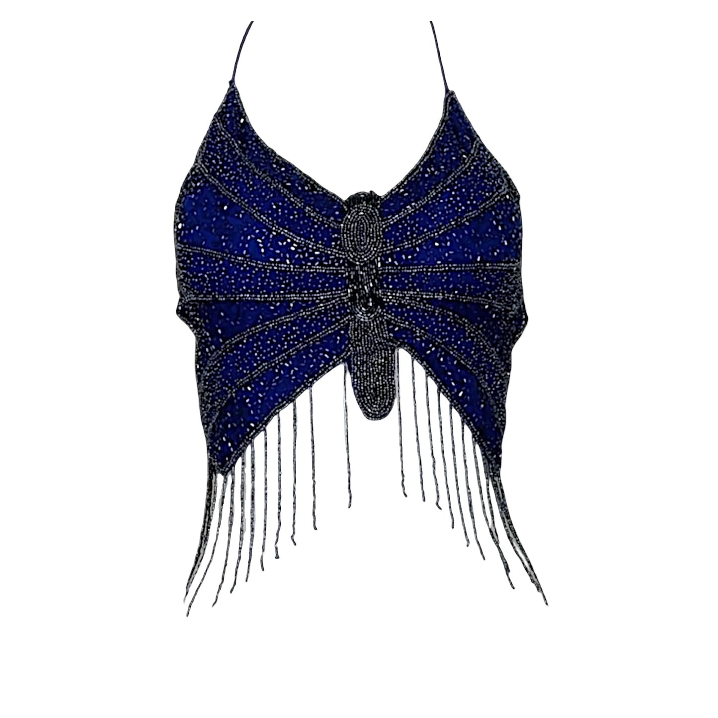 Vintage Blue Beaded Butterfly Halter Crop Top with Fringe