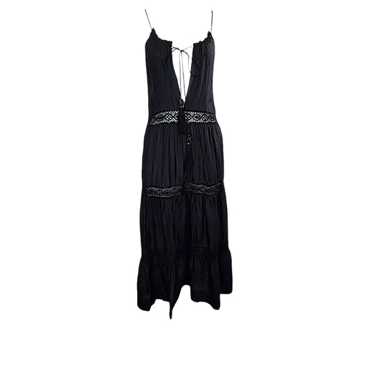 Day Birger et Mikkelsen Black Silk Crochet Tassel Plunge Midi Dress Size 36