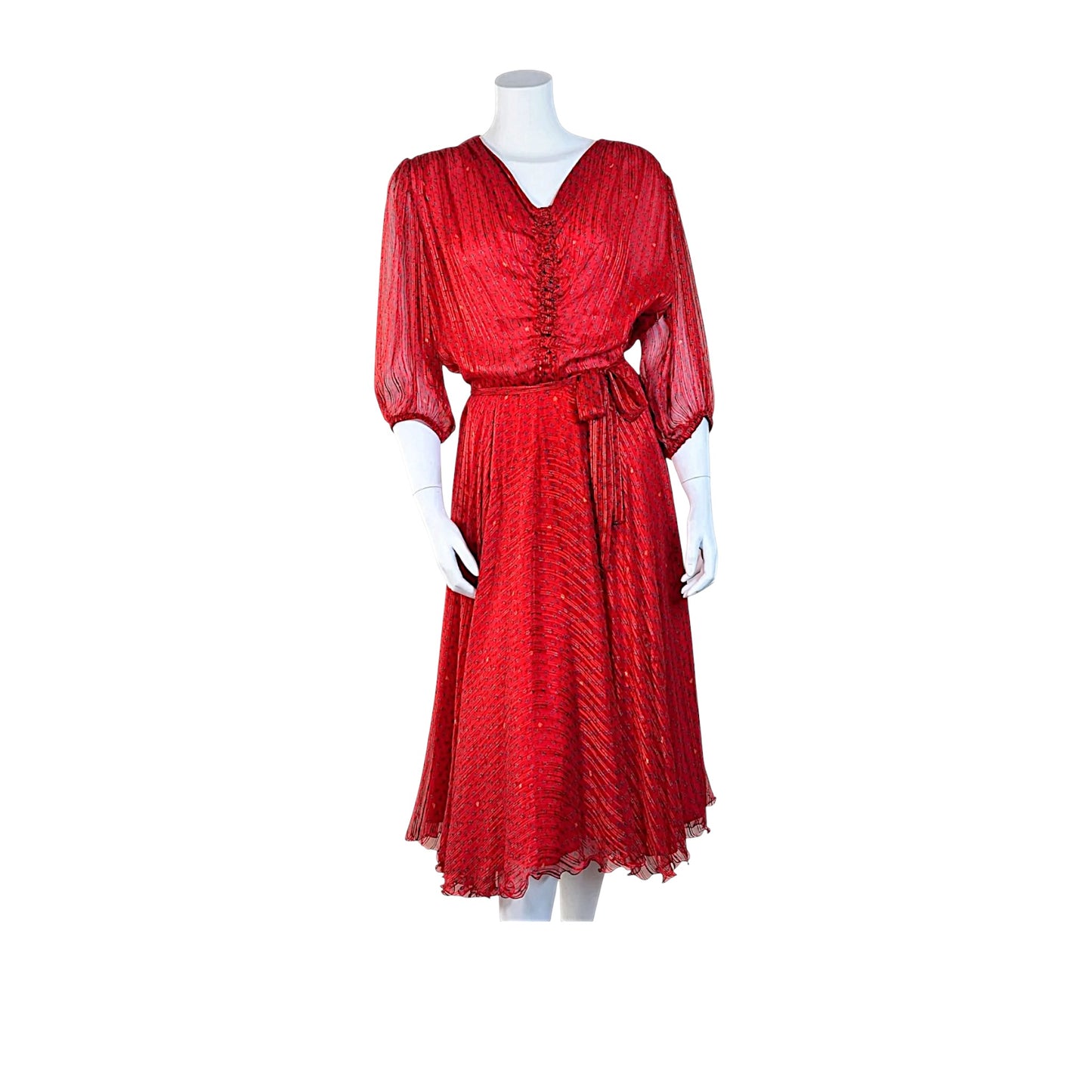 Balenciaga Vintage 1970s Red Silk Floral Print Chiffon Ruched Tie Waist Midi Dress Size Small