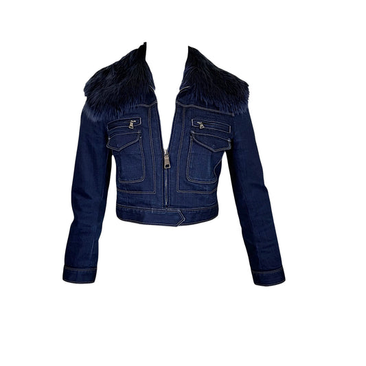 Prada 2008 Indigo Denim Cropped Jacket with Oversized Alpaca Fur Collar IT 40