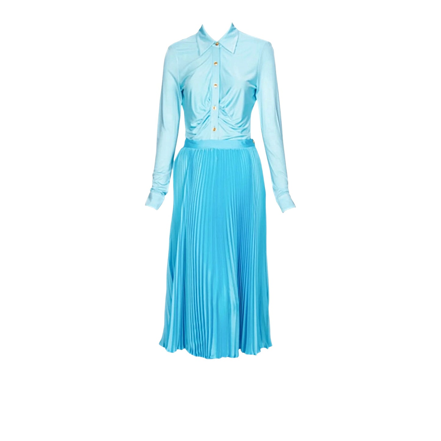 Versace 2020 Powder Blue Ruched Medusa Button Blouse & Accordion Pleated Satin Midi Skirt Ensemble IT 40