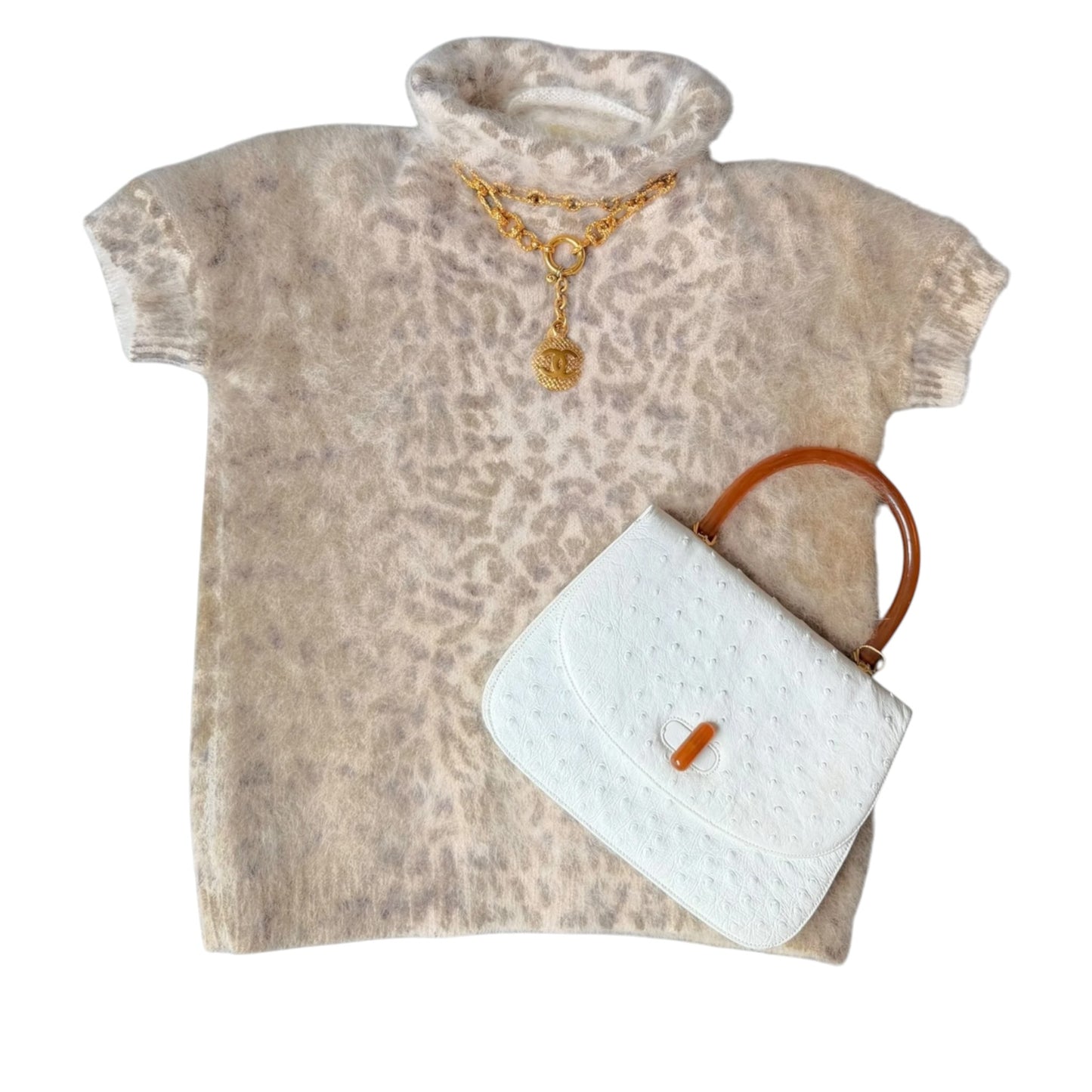 Valentino Cream Angora Leopard Print Short-Sleeve Mock Neck Sweater | Size Medium