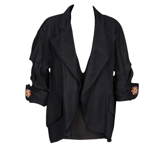Vintage Christian Lacroix Paris 1990s Black Slubbed Viscose Linen Blend Jeweled Cuff Evening Jacket | Size 46 | NWT