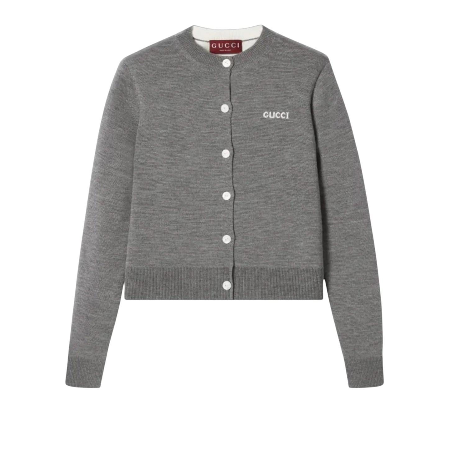 Gucci Gray Melange Logo Cotton Wool Silk Blend Cropped Cardigan Sweater | Size Medium