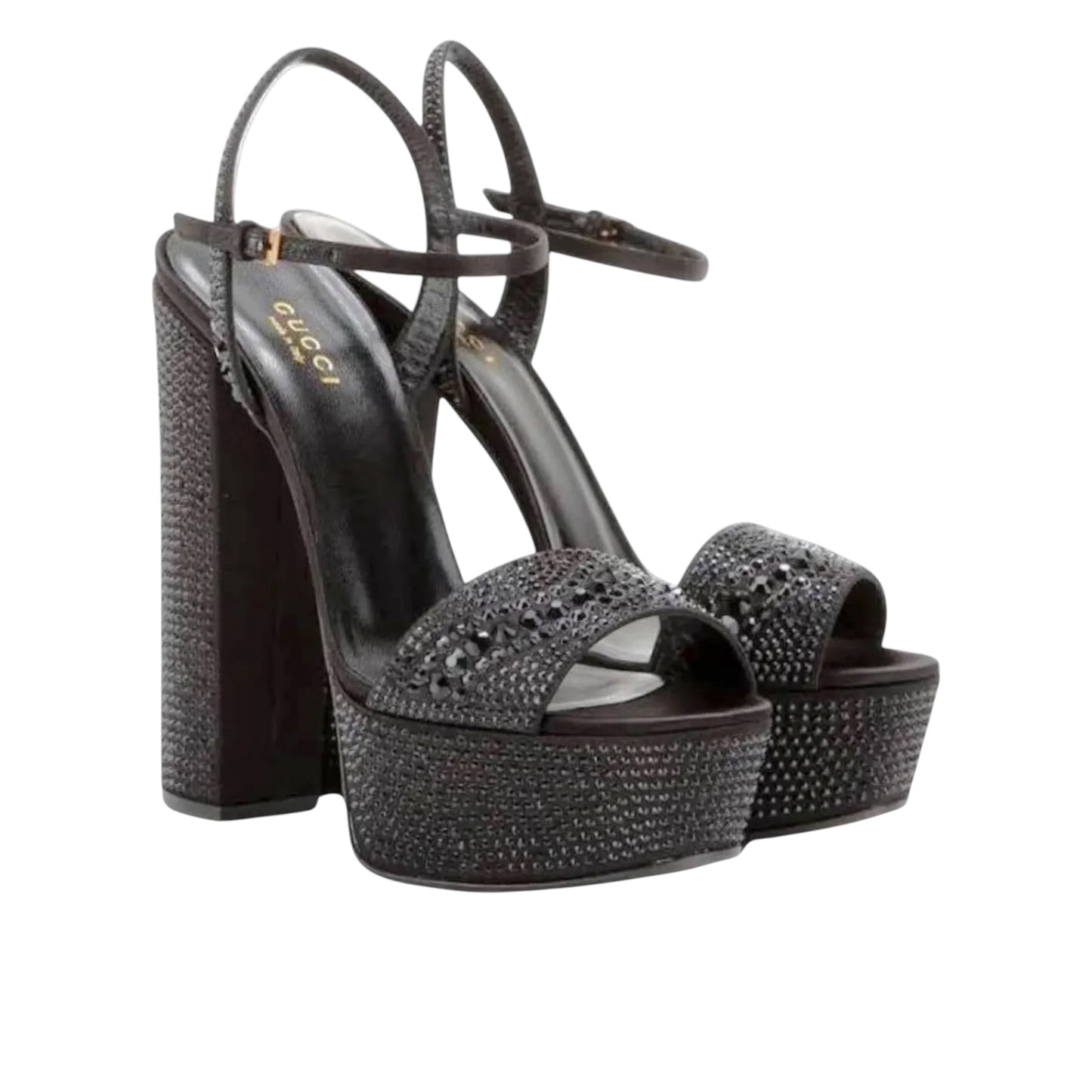 Gucci S/S 2014 Black Crystal-Embellished Satin Platform Sandals Heels | Size 39