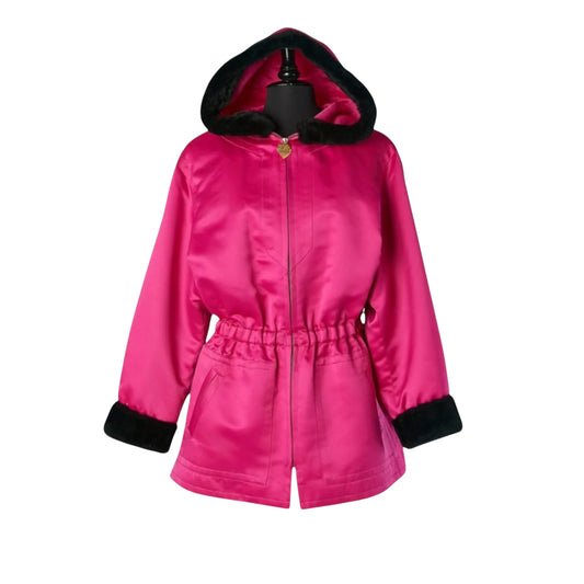 Yves Saint Laurent Fourrures Vintage Fuchsia Satin Nutria Fur Trim Hooded Parka Jacket – Size FR 40, c. Late 1980s–Early 1990s