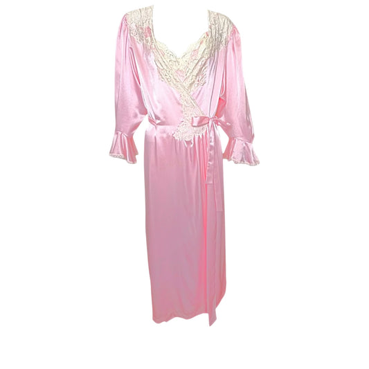 Vintage Christian Dior Pink Satin & Ivory Lace Trim Nightgown & Robe Set Size M/L