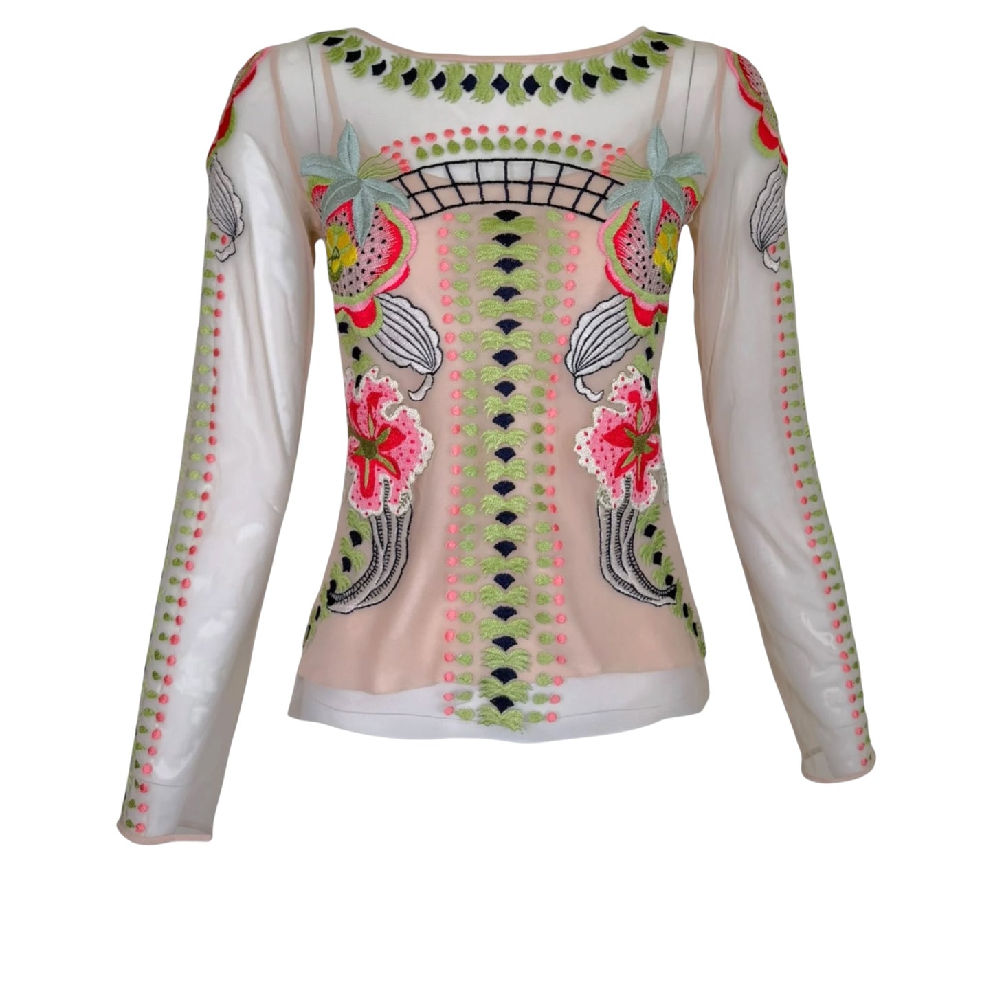 Temperley London Carmellina Embroidered Tulle Floral Top with Silk Camisole – US 2
