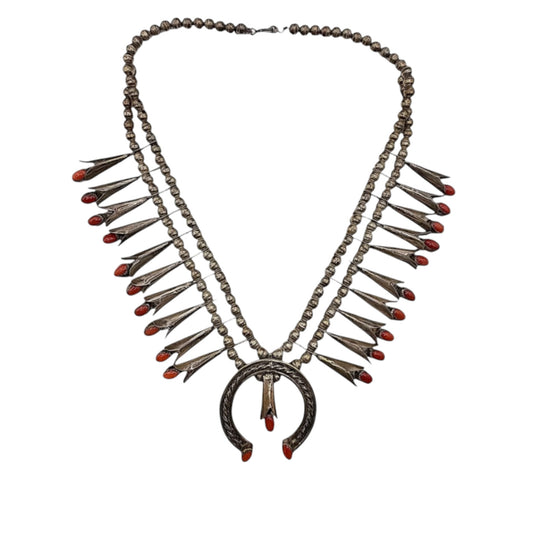 Vintage 1974 Navajo Sterling Silver & Red Coral Squash Blossom Necklace