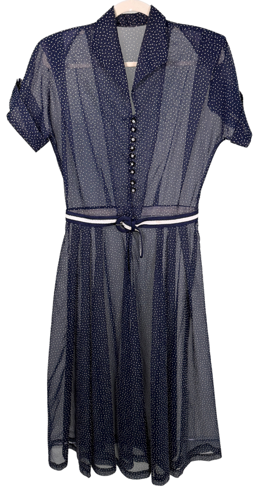 Vintage 1950's Sheer Navy Polka Dot Dress with Rhinestone Buttons