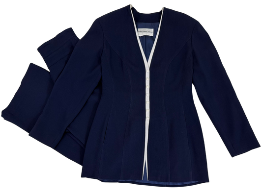 Thierry Mugler Vintage Navy and White Ribbed Suit