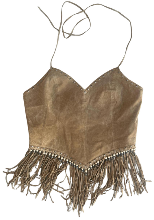Early 2000s Cripple Creek Tan Suede Fringe Studded Halter Top - Western Y2K