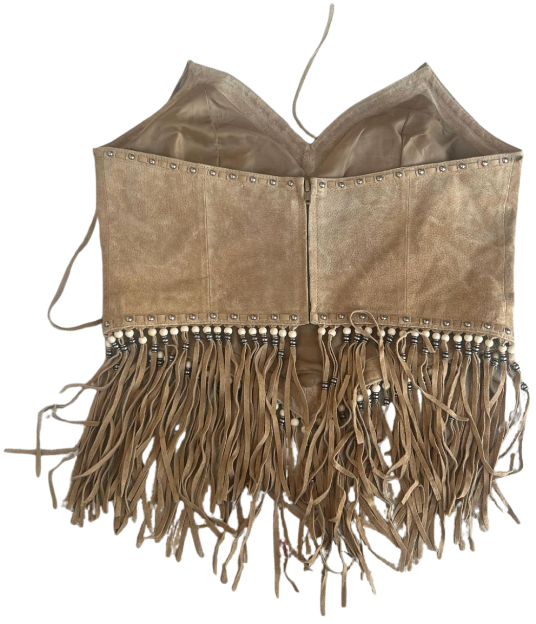 Early 2000s Cripple Creek Tan Suede Fringe Studded Halter Top - Western Y2K