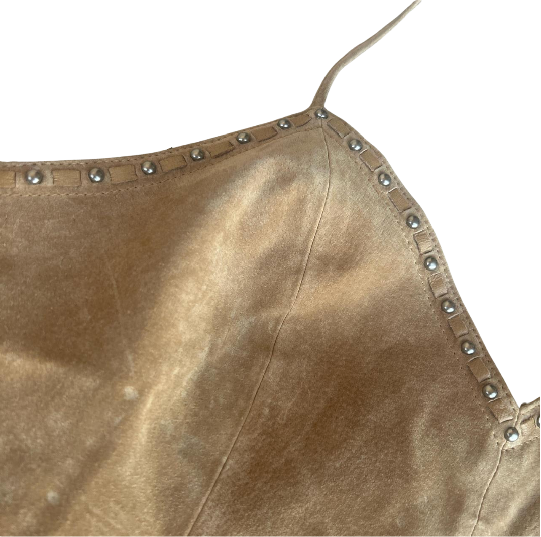 Early 2000s Cripple Creek Tan Suede Fringe Studded Halter Top - Western Y2K