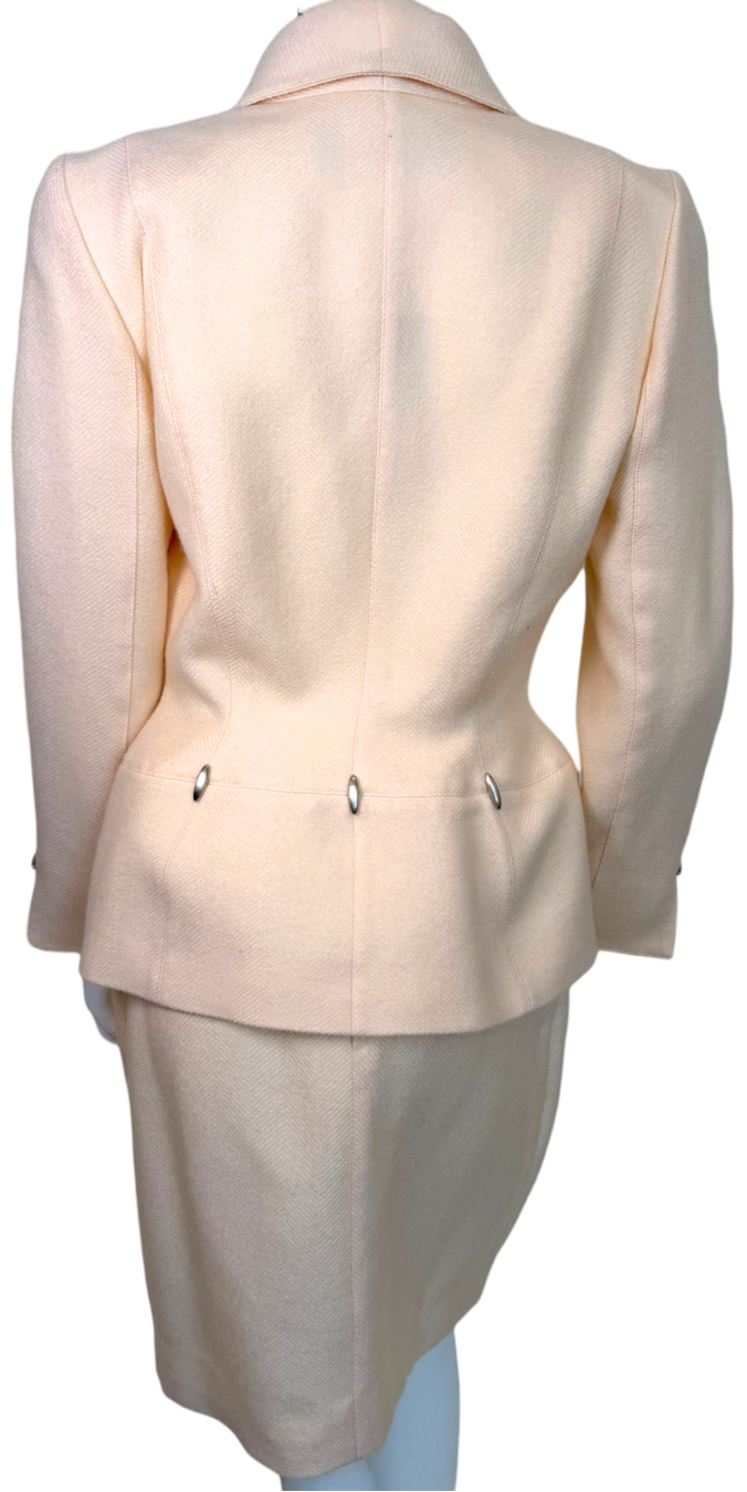 Vintage 1990s Thierry Mugler Ivory Twill Sculpted Hourglass Skirt Suit Set FR 40 (Made in France)