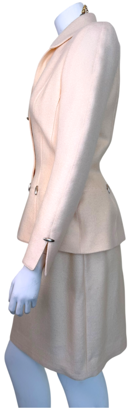 Vintage 1990s Thierry Mugler Ivory Twill Sculpted Hourglass Skirt Suit Set FR 40 (Made in France)