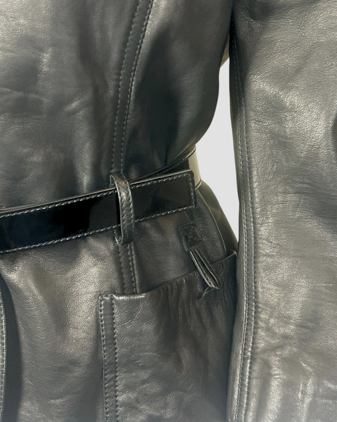 Vintage Fendi Black Leather Belted Tailored Coat Jacket w/ Patent Belt & Logo Buttons, Made in Italy (c. Late 1990s)