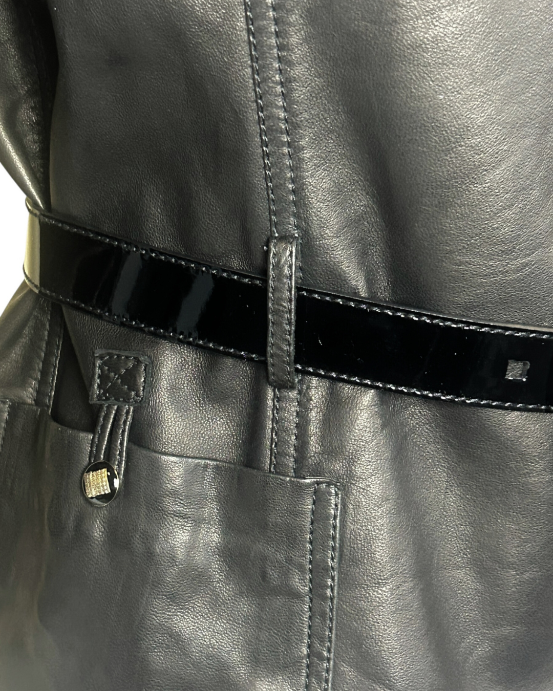 Vintage Fendi Black Leather Belted Tailored Coat Jacket w/ Patent Belt & Logo Buttons, Made in Italy (c. Late 1990s)