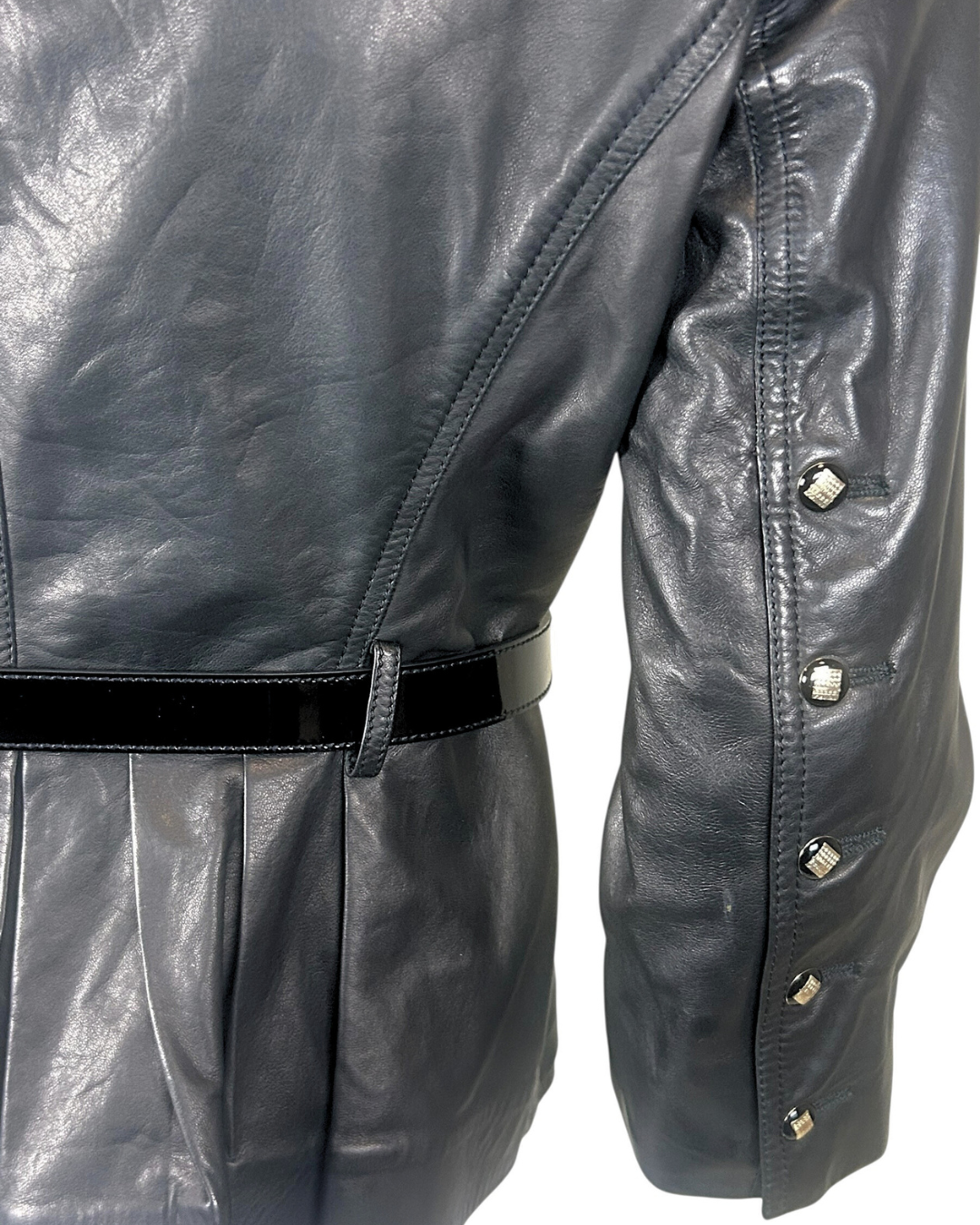 Vintage Fendi Black Leather Belted Tailored Coat Jacket w/ Patent Belt & Logo Buttons, Made in Italy (c. Late 1990s)
