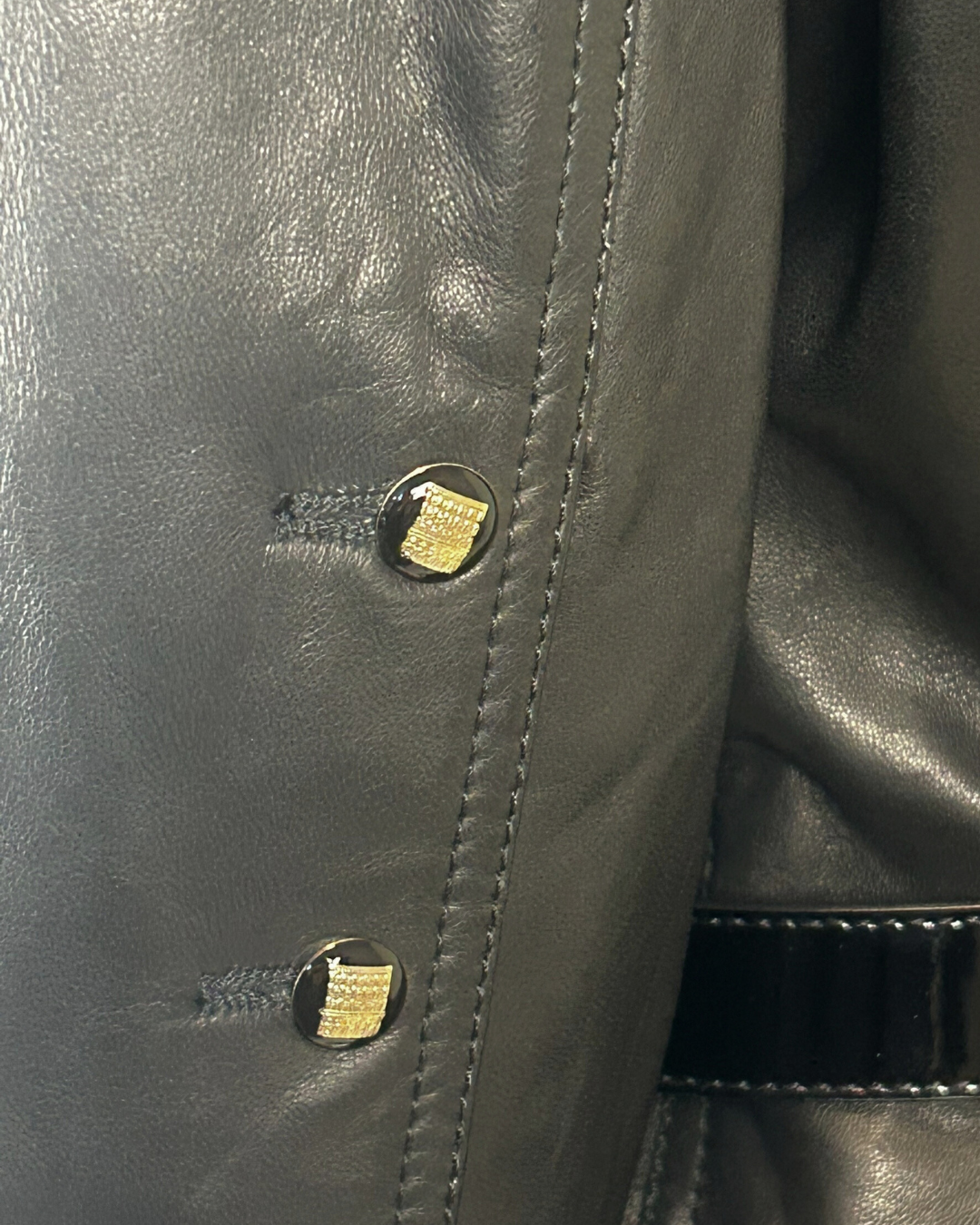 Vintage Fendi Black Leather Belted Tailored Coat Jacket w/ Patent Belt & Logo Buttons, Made in Italy (c. Late 1990s)