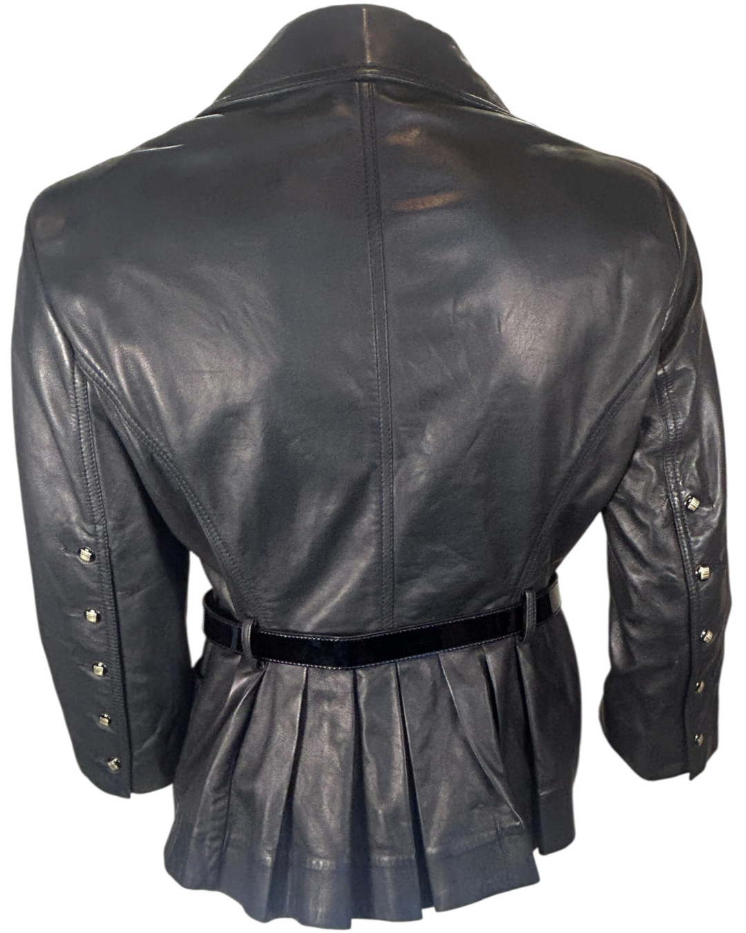 Vintage Fendi Black Leather Belted Tailored Coat Jacket w/ Patent Belt & Logo Buttons, Made in Italy (c. Late 1990s)
