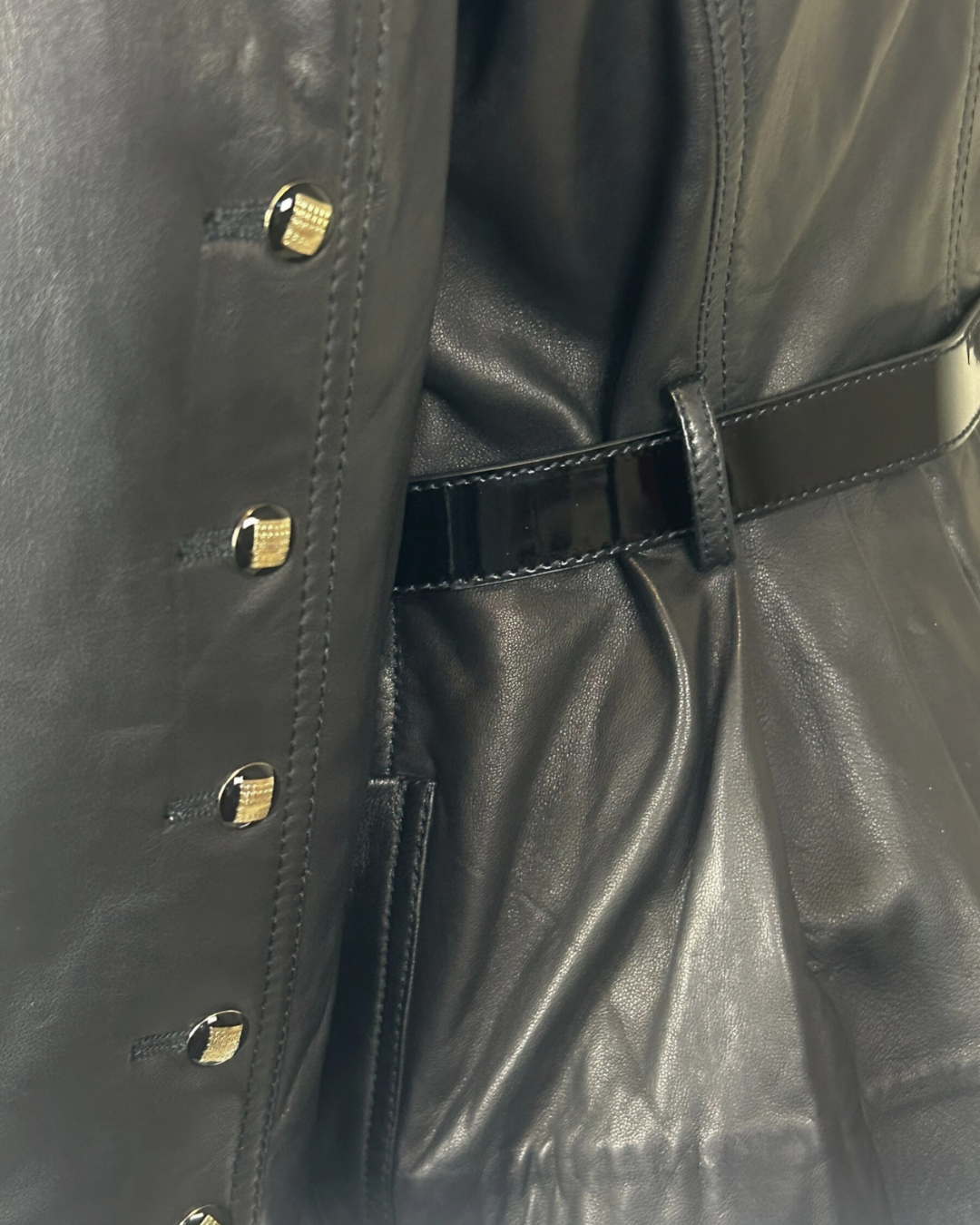 Vintage Fendi Black Leather Belted Tailored Coat Jacket w/ Patent Belt & Logo Buttons, Made in Italy (c. Late 1990s)