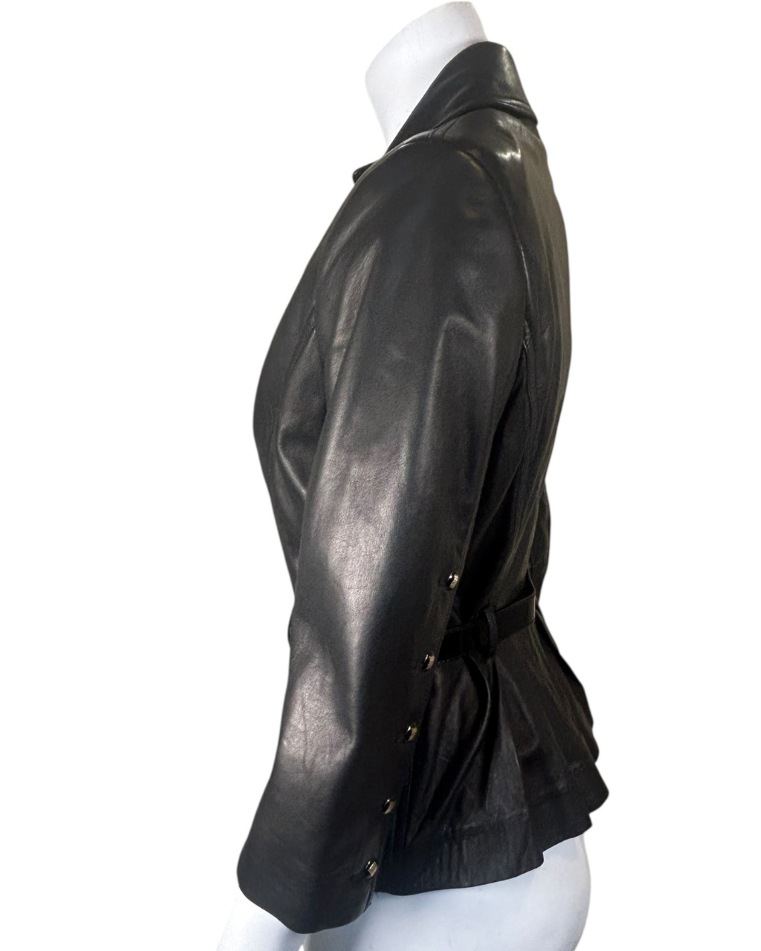 Vintage Fendi Black Leather Belted Tailored Coat Jacket w/ Patent Belt & Logo Buttons, Made in Italy (c. Late 1990s)